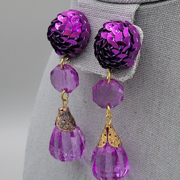 Purple Sequin Teardrop Bead Post Dangle Earrings Gold Tone Length 3 in - Picture 3 of 8